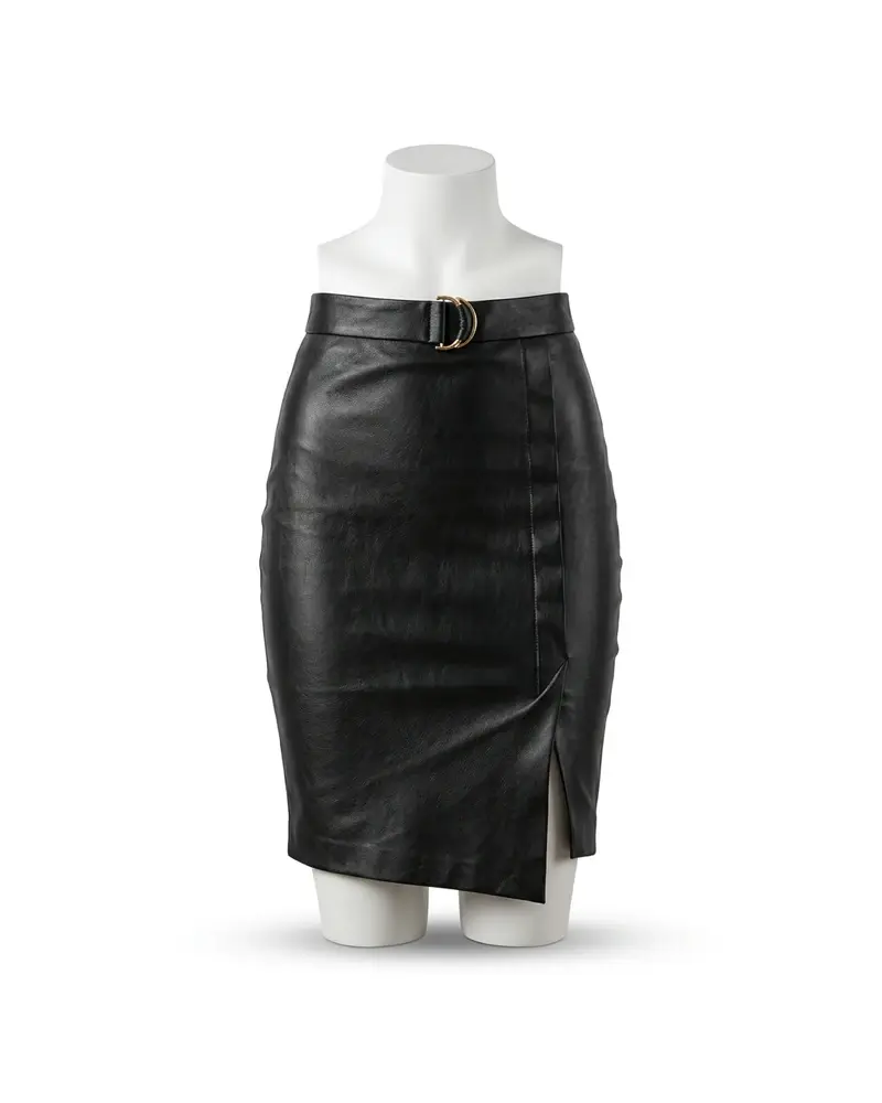 Black Front-Slit Leather Pencil Skirt
