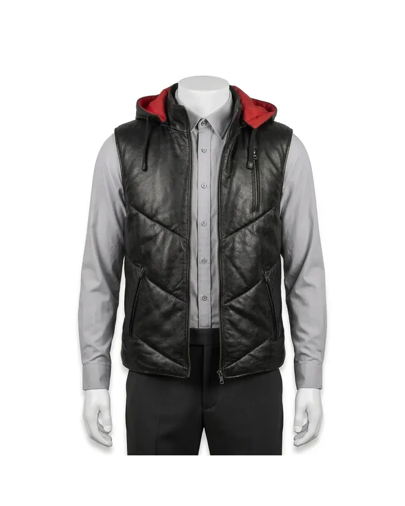 Black Hooded Quilted Leather Vest