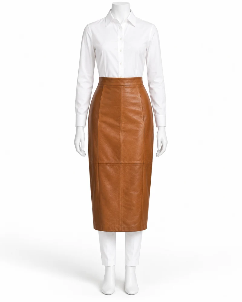 Caramel Panelled Pencil Midi Leather Skirt
