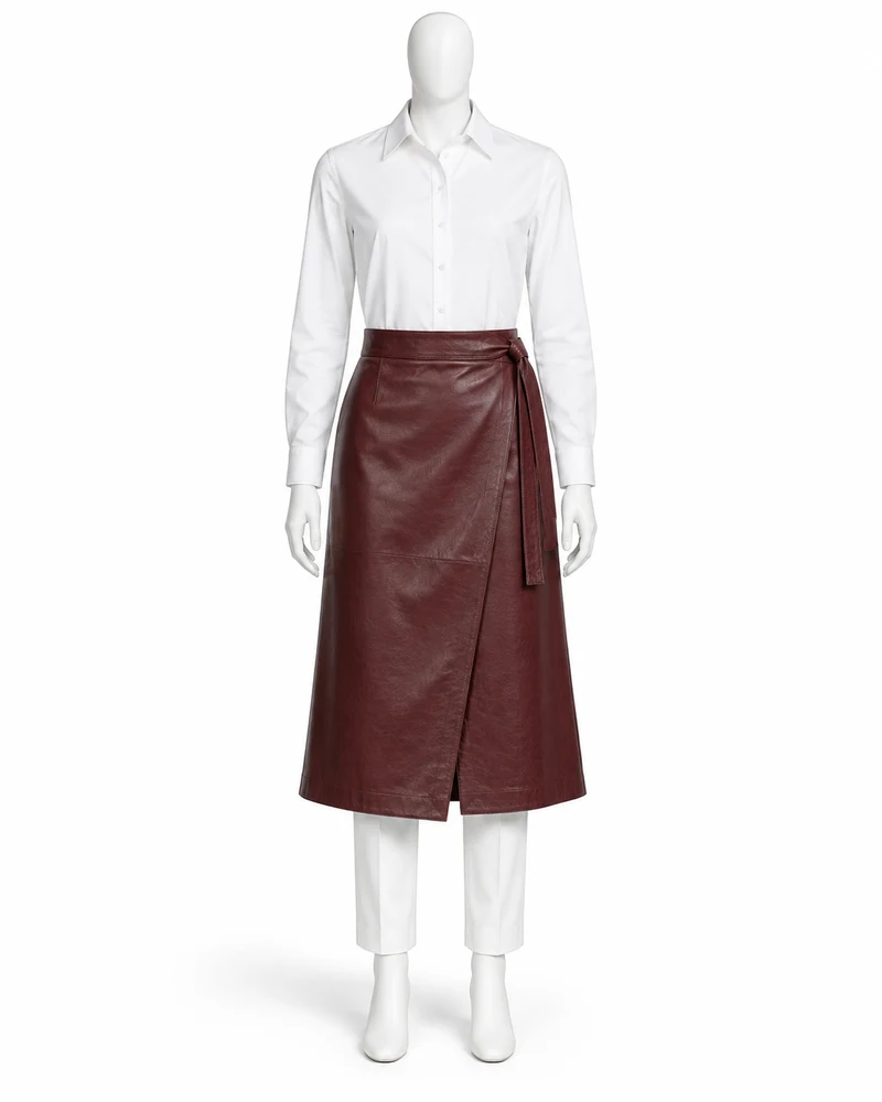 Burgundy Wrap-Front Midi Leather Skirt