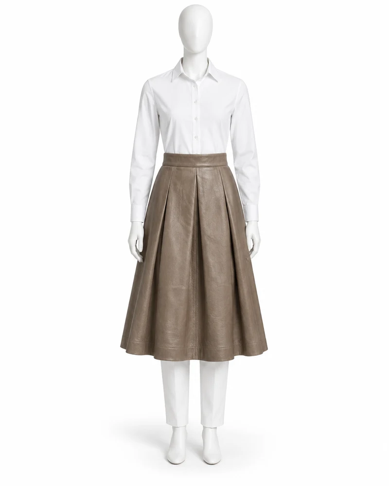 Taupe Box-Pleat Midi Leather Skirt