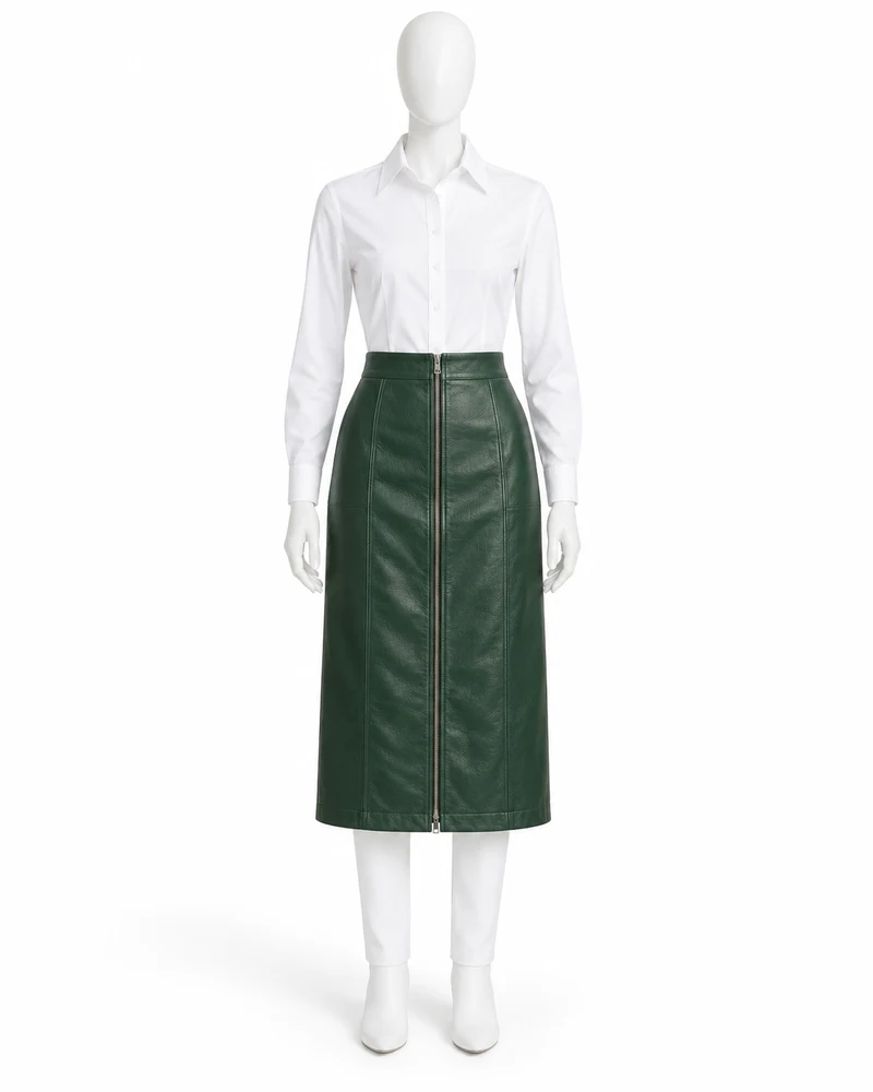 Forest Green Front-Zip Straight Midi Leather Skirt