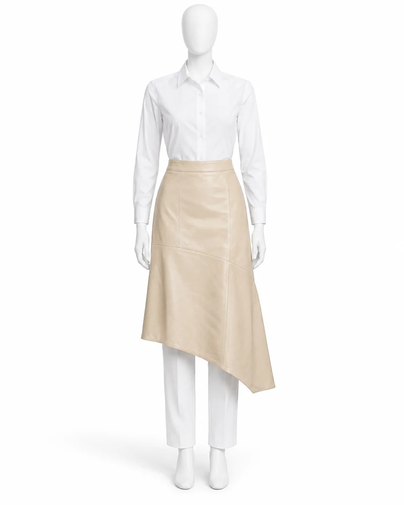 Cream Asymmetric-Hem Midi Leather Skirt