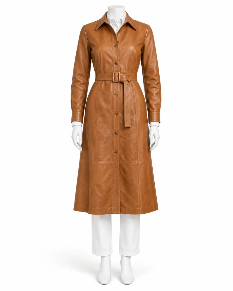 Tan Belted Long-Sleeve Midi Leather Dress