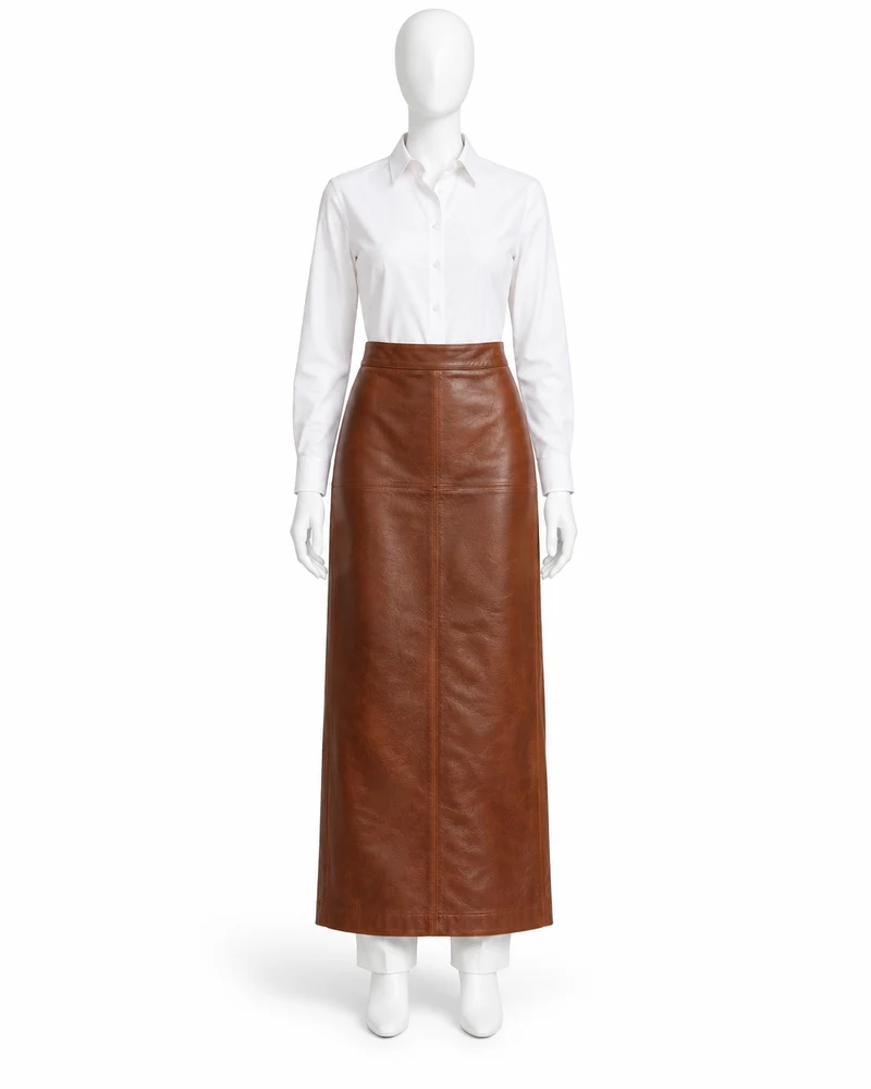 Chestnut Straight-Cut Maxi Leather Skirt