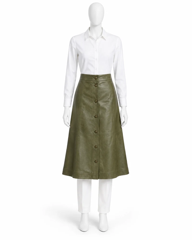 Olive Button-Front A-Line Midi Leather Skirt