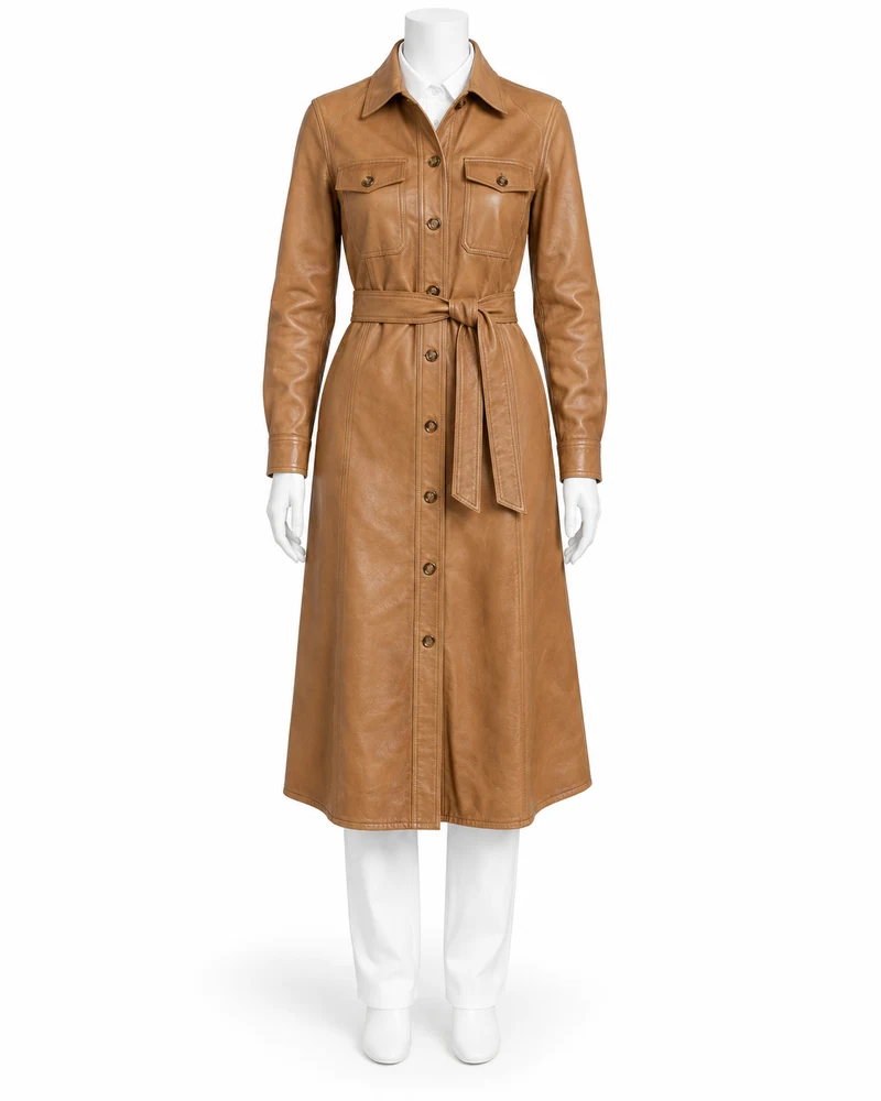 Camel Long-Sleeve Belted Shirt Leather Dress