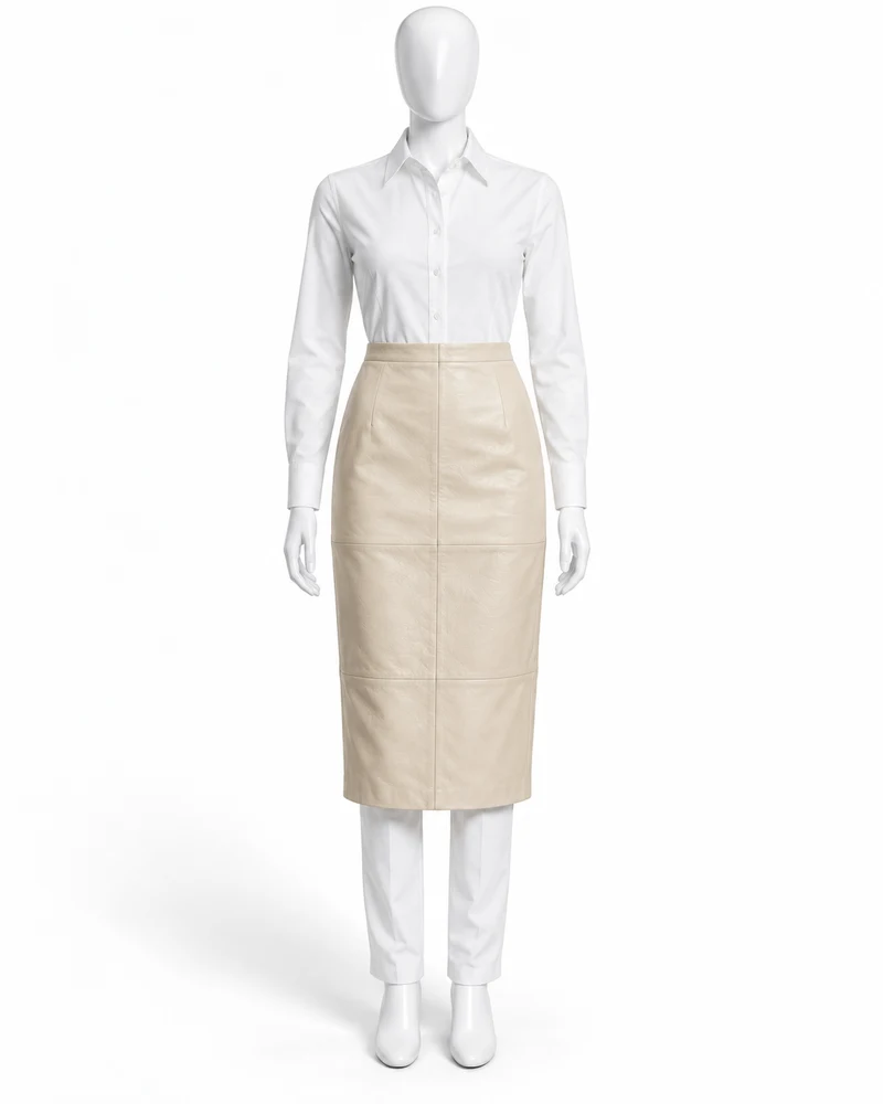 Cream Panelled Pencil Midi Leather Skirt