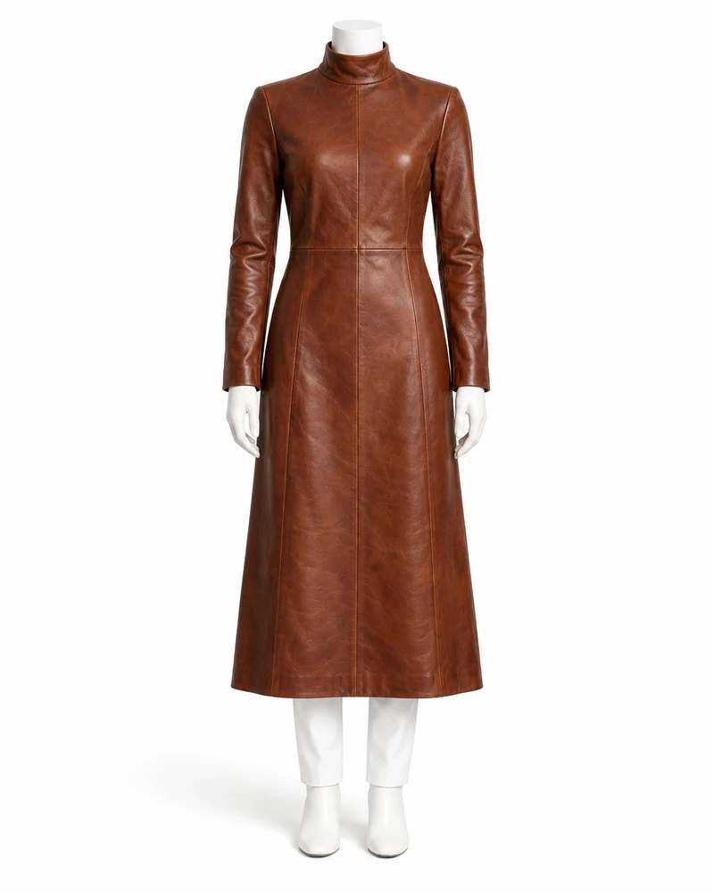 Chestnut High-Neck Long-Sleeve Leather Dress