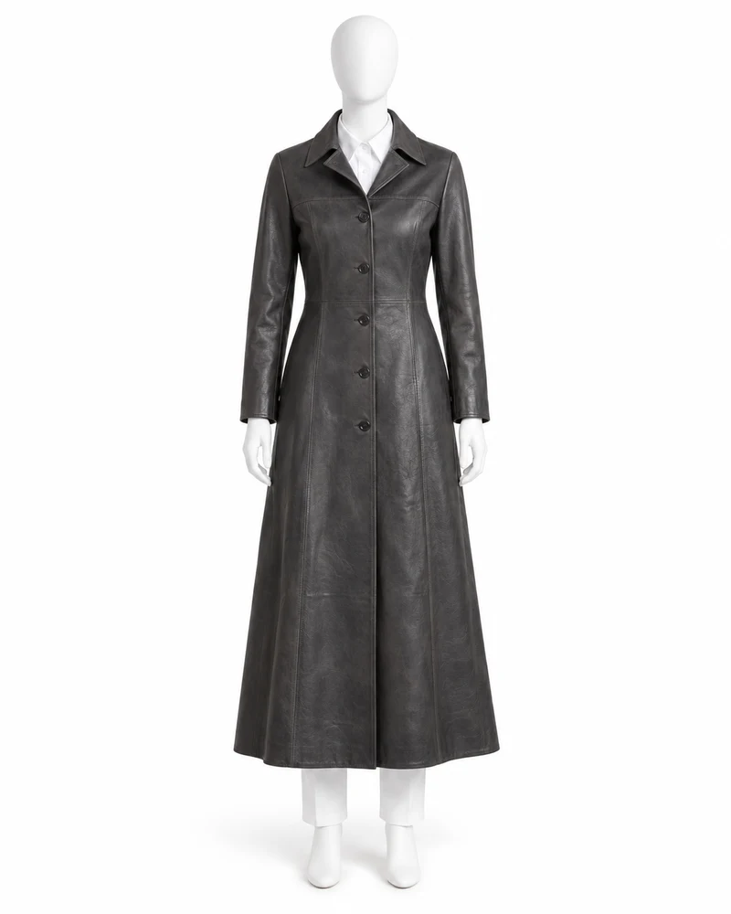Charcoal Collared Maxi Leather Dress