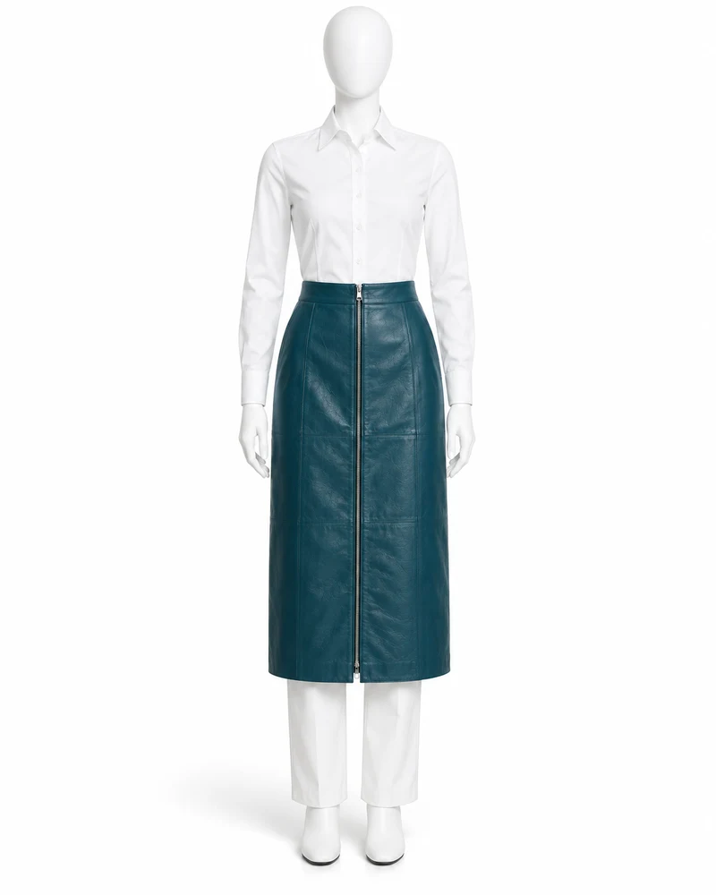 Deep Teal Front-Zip Straight Midi Leather Skirt