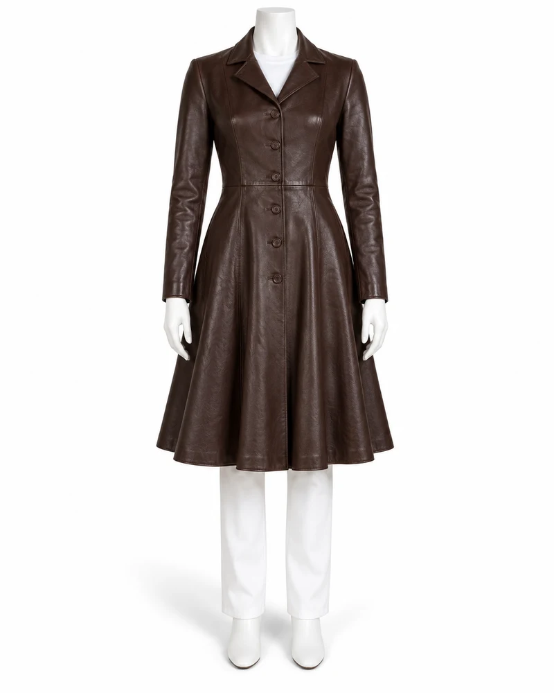 Dark Brown Long-Sleeve Fit-and-Flare Leather Dress