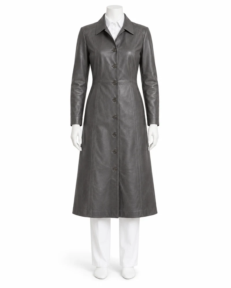 Slate Grey Button-Front Long-Sleeve Leather Dress