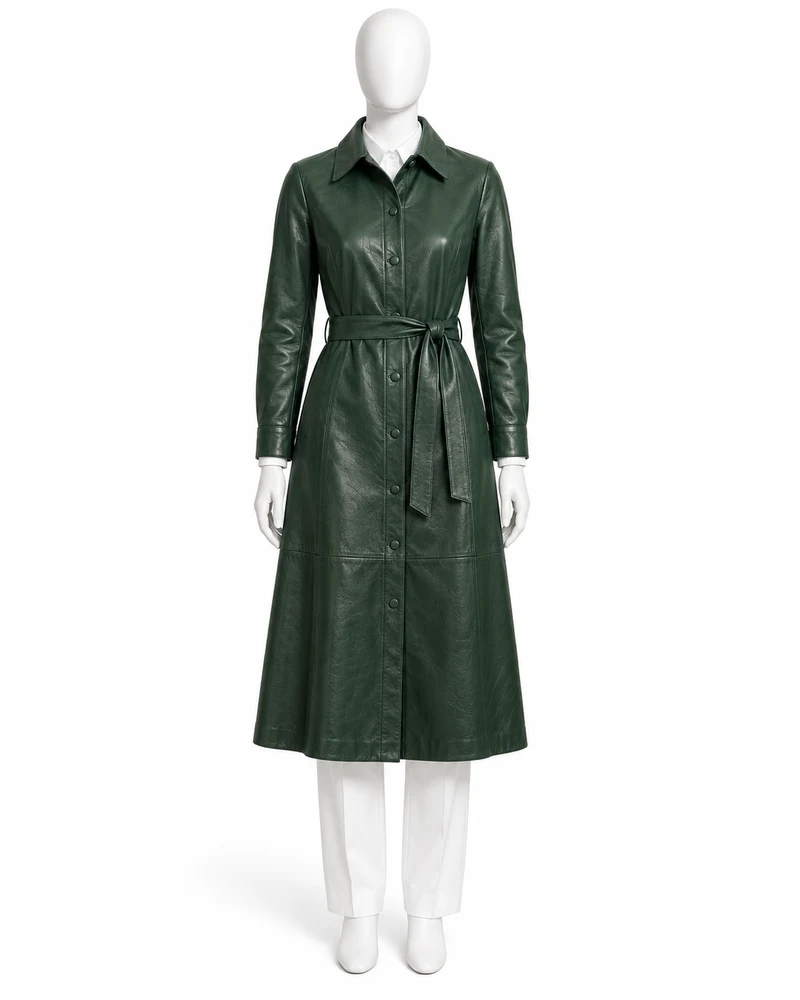 Forest Green Belted Long-Sleeve Midi Leather Dress