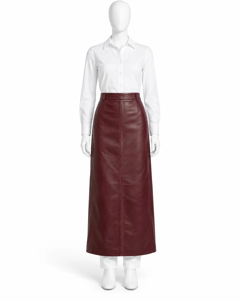 Wine Straight-Cut Maxi Leather Skirt