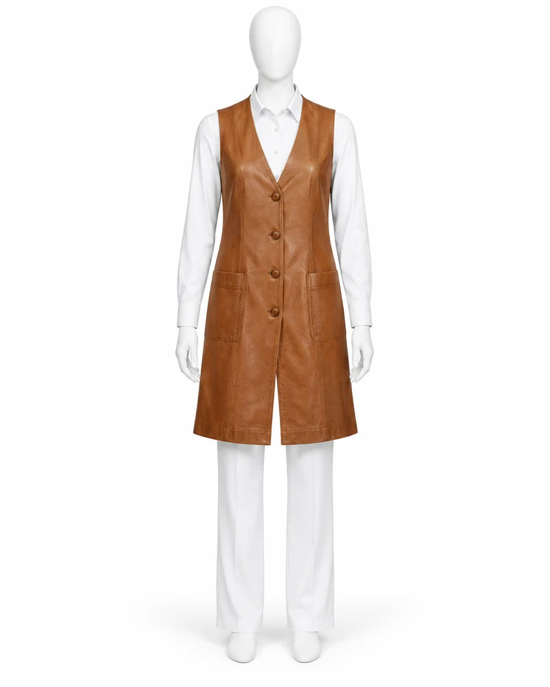 Caramel Longline V-Neck Leather Vest