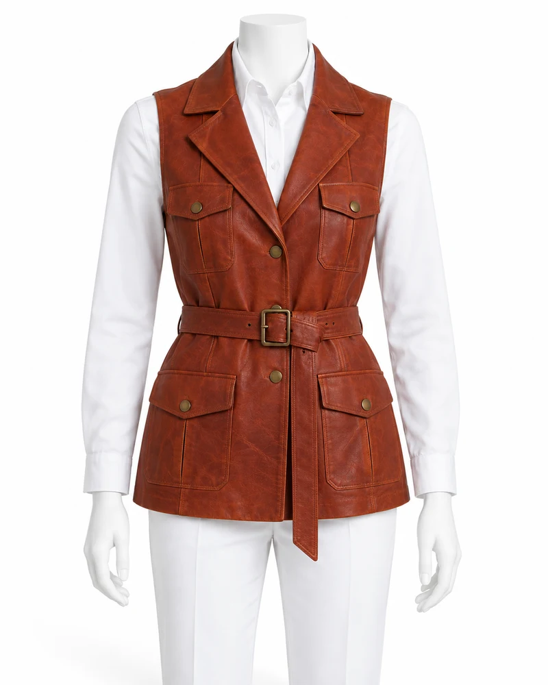 Rust Belted Leather Waistcoat