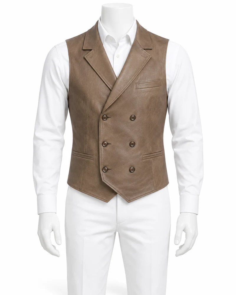 Taupe Double-Breasted Leather Waistcoat