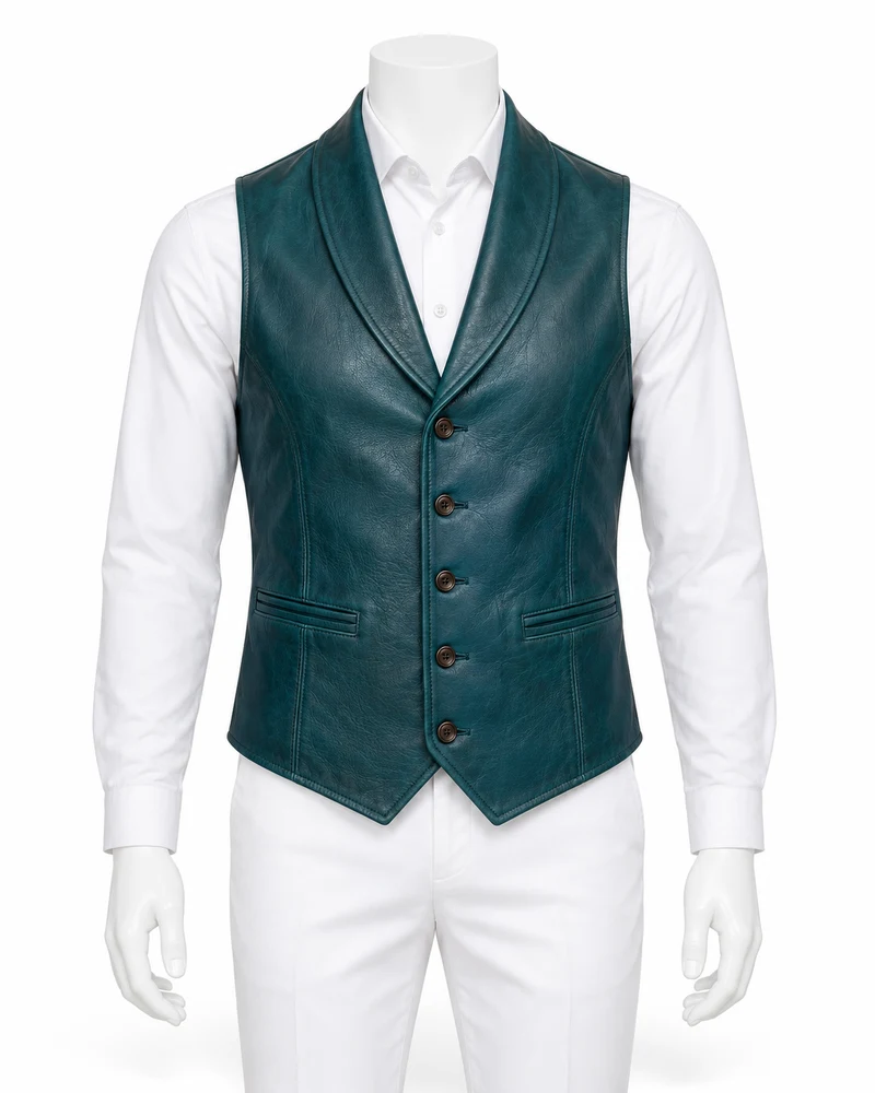 Deep Teal Shawl-Collar Leather Vest