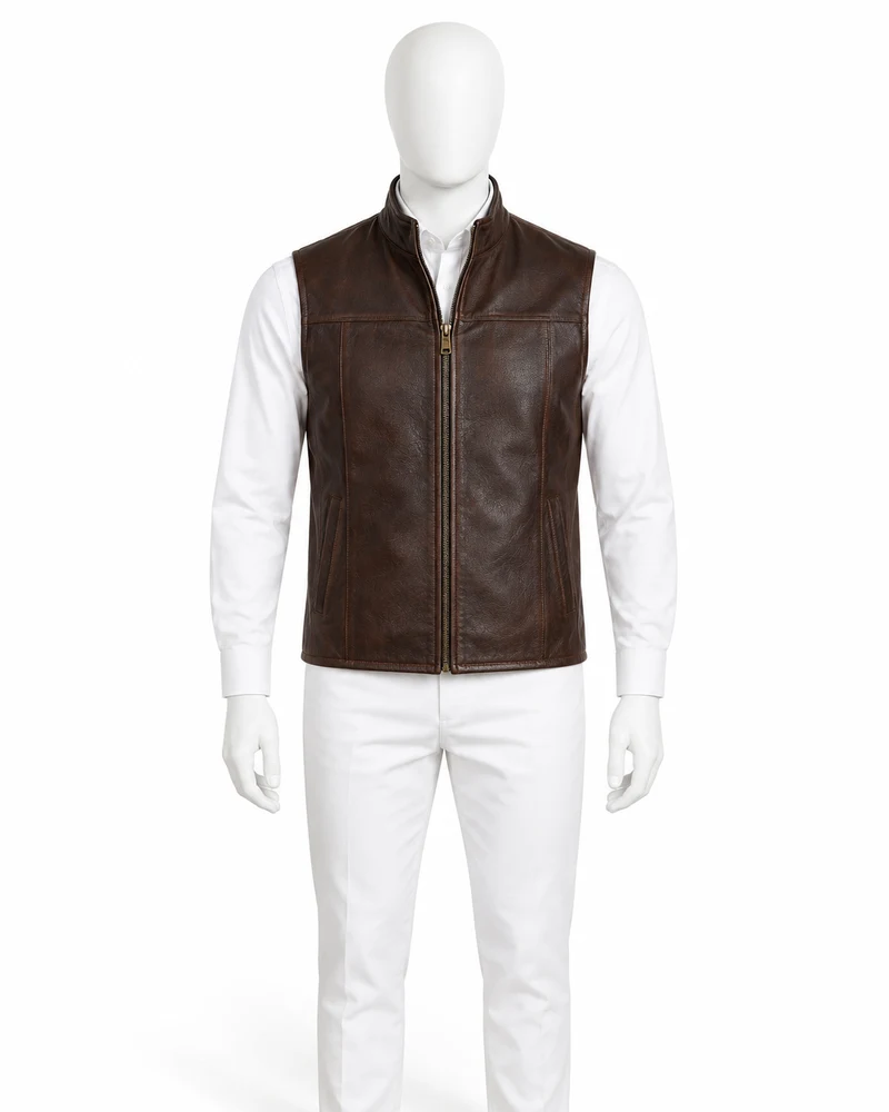 Dark Brown Stand-Collar Zip Leather Vest