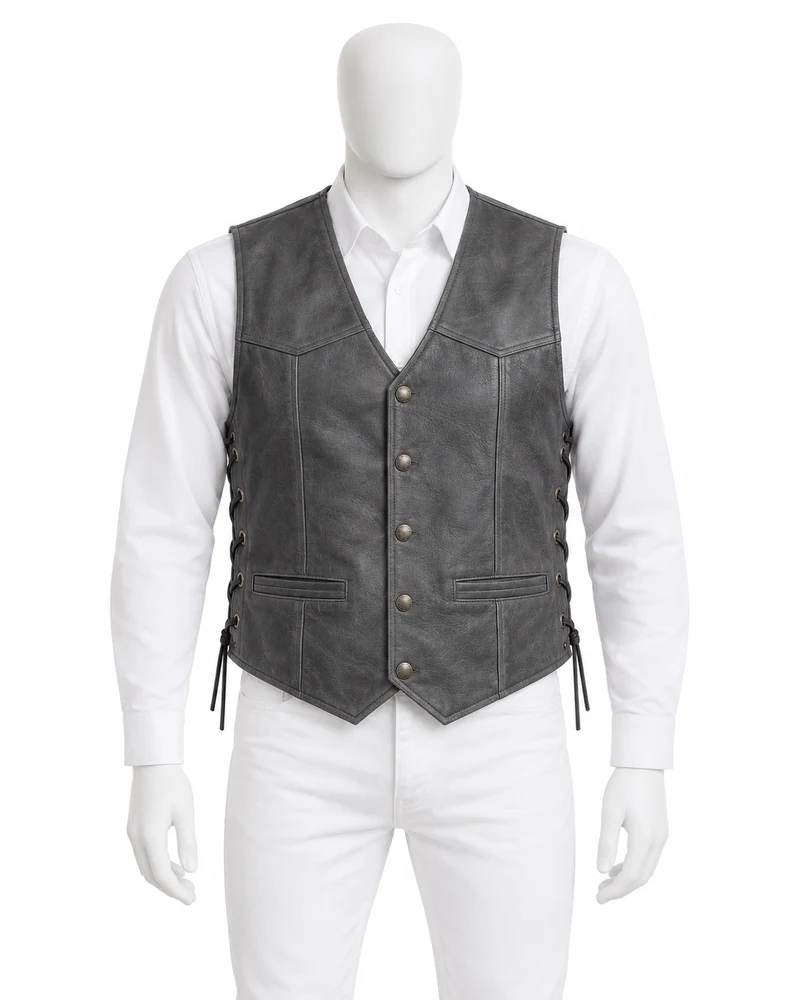 Slate Grey Side-Lace Biker Leather Vest