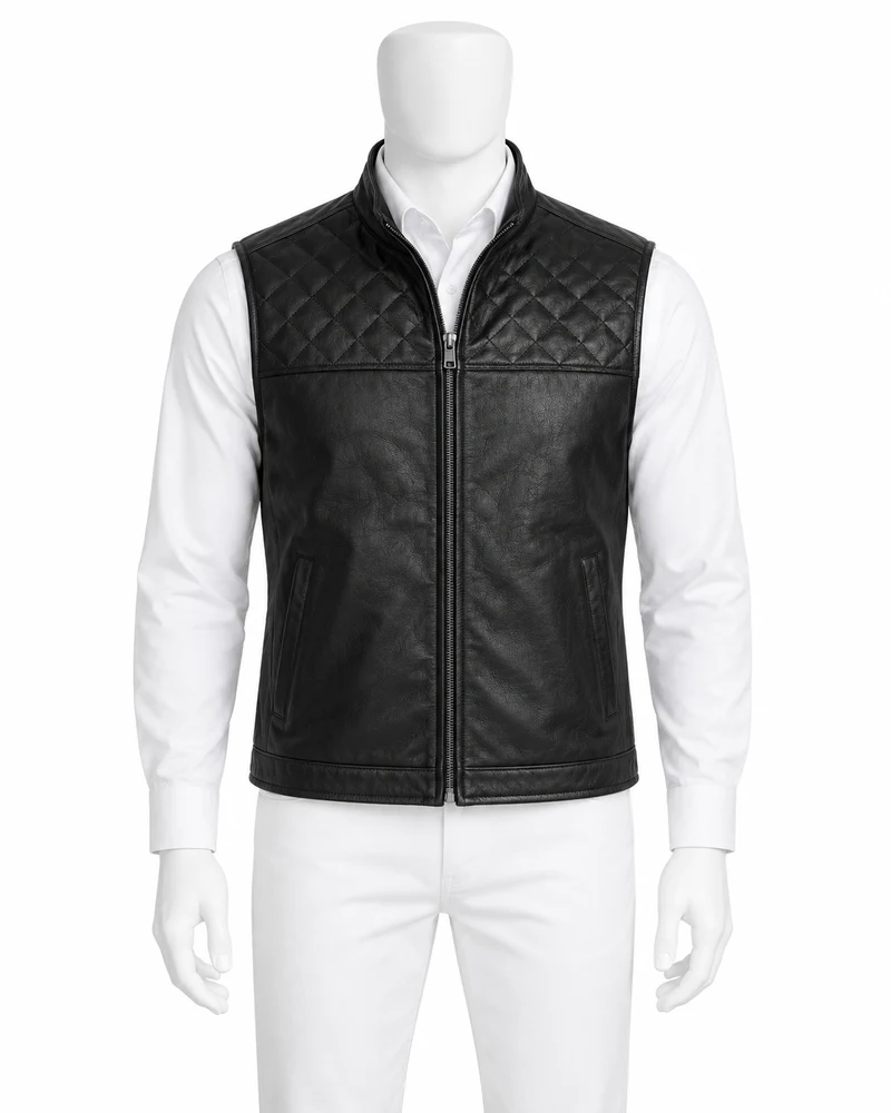 Black Quilted-Panel Leather Vest