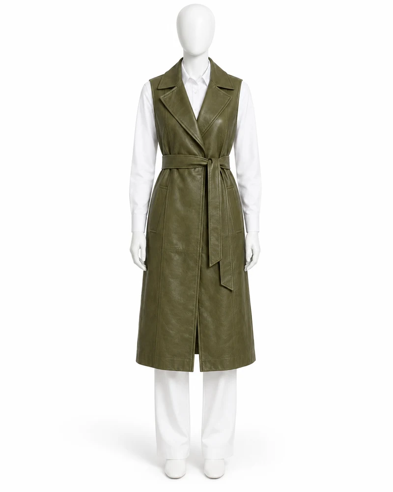 Olive Longline Belted Leather Vest