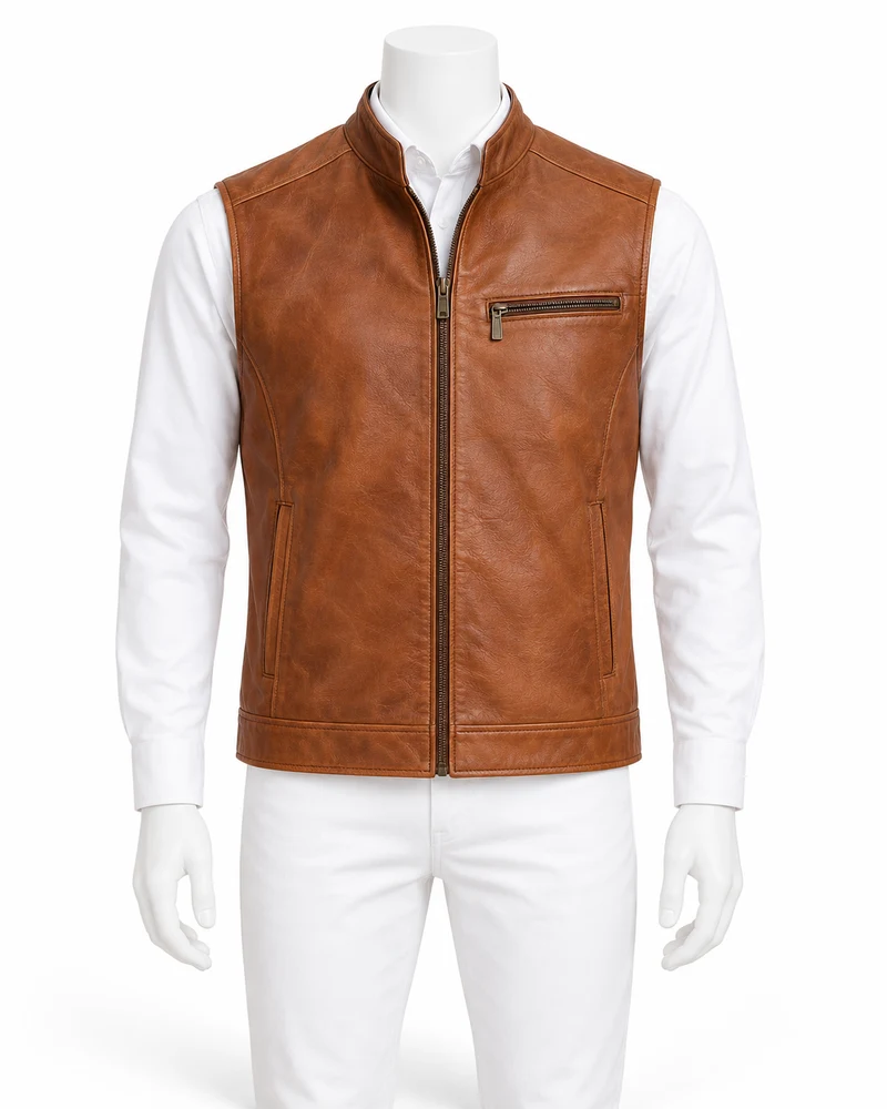 Tan Chest-Zip-Pocket Leather Vest