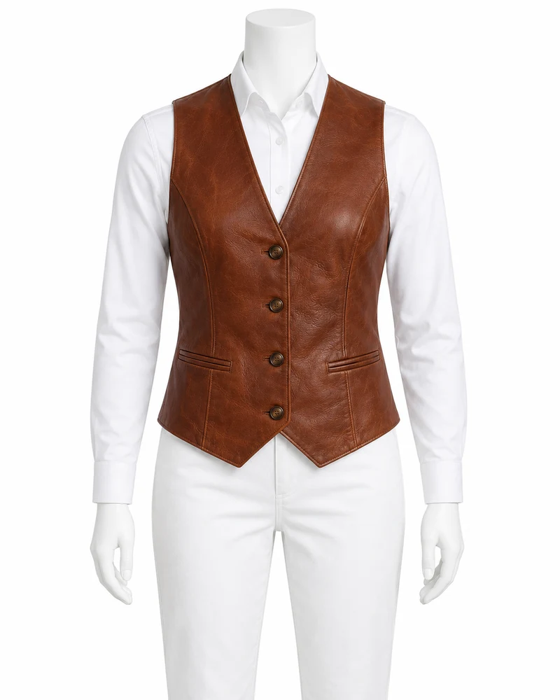 Chestnut Collarless Tailored Leather Vest