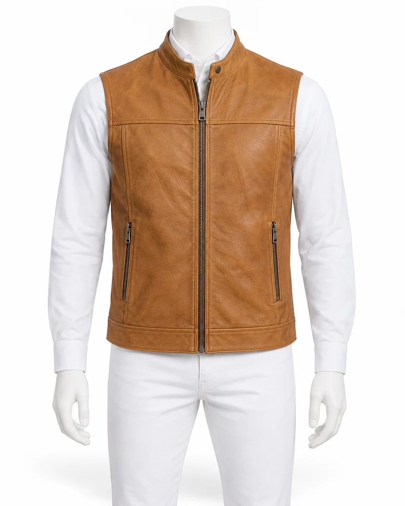 Camel Zip-Front Biker Leather Vest