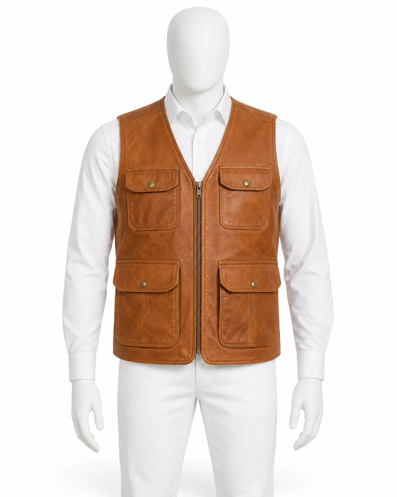 Tan Four-Pocket Utility Leather Vest