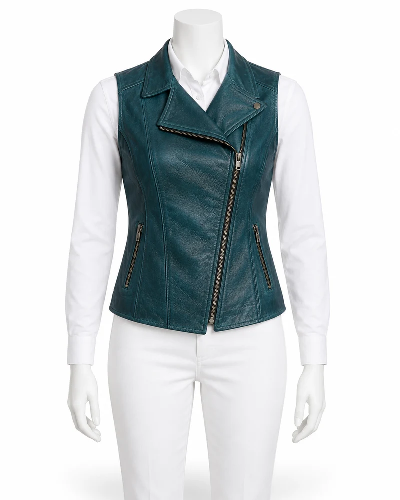 Deep Teal Asymmetric-Zip Leather Vest