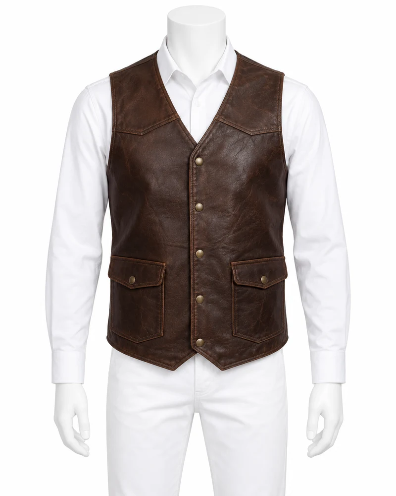 Dark Brown Snap-Front Work Leather Vest
