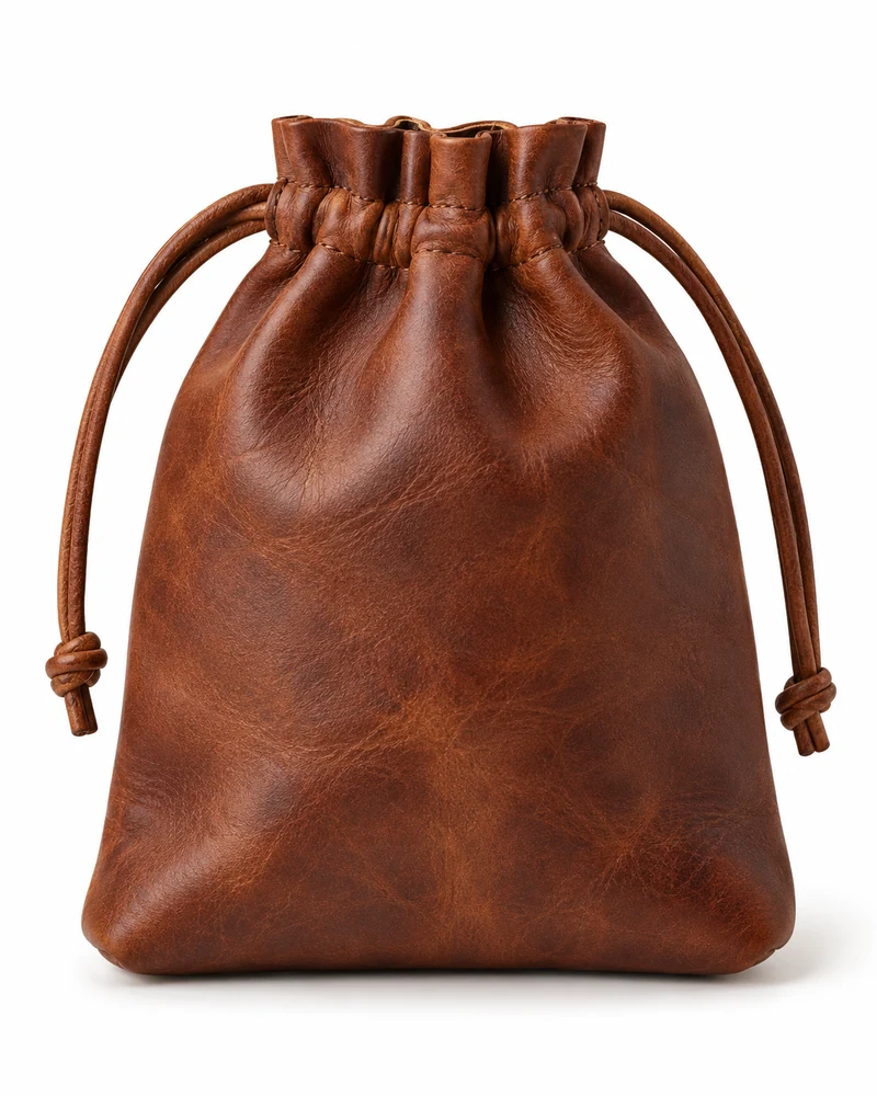 Brown Drawstring Leather Pouch
