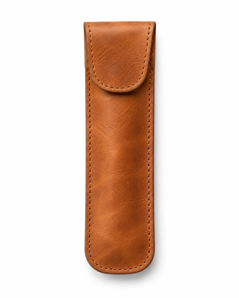 Tan Fold-Over Leather Pen Sleeve