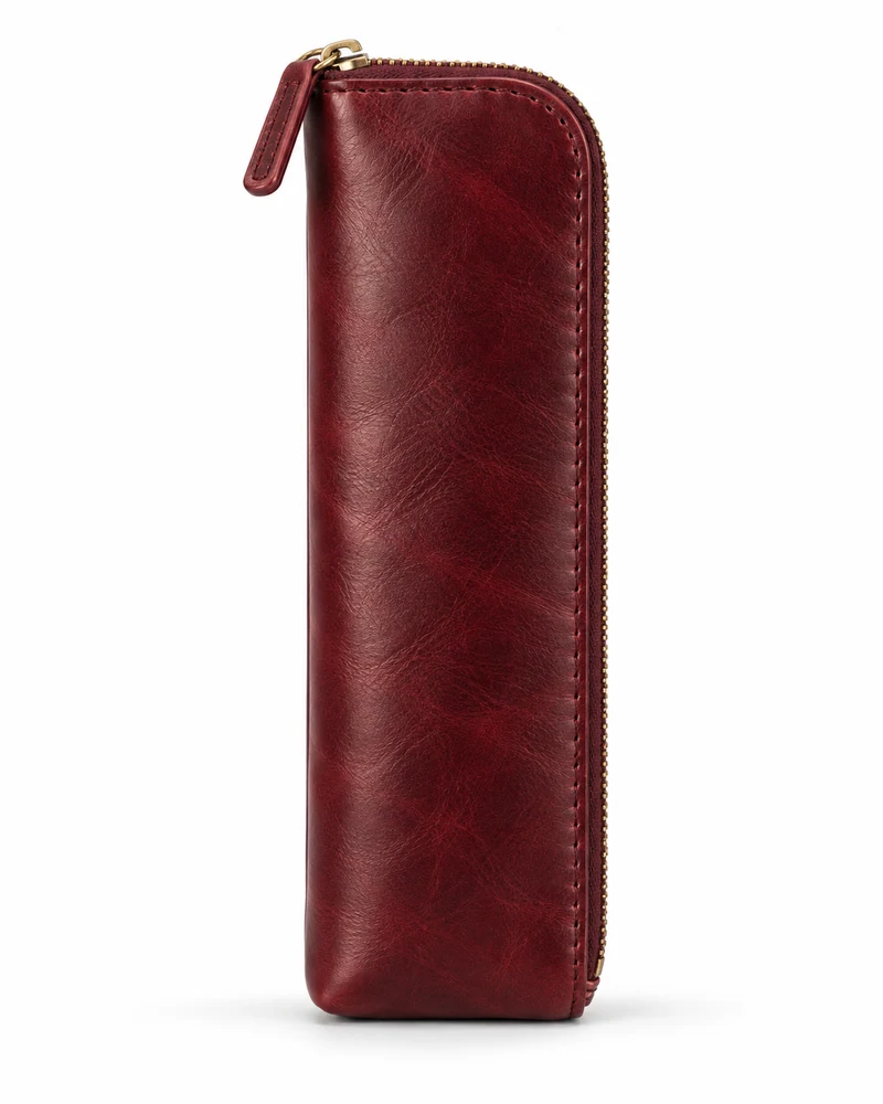 Burgundy Zip-Top Leather Pen Case