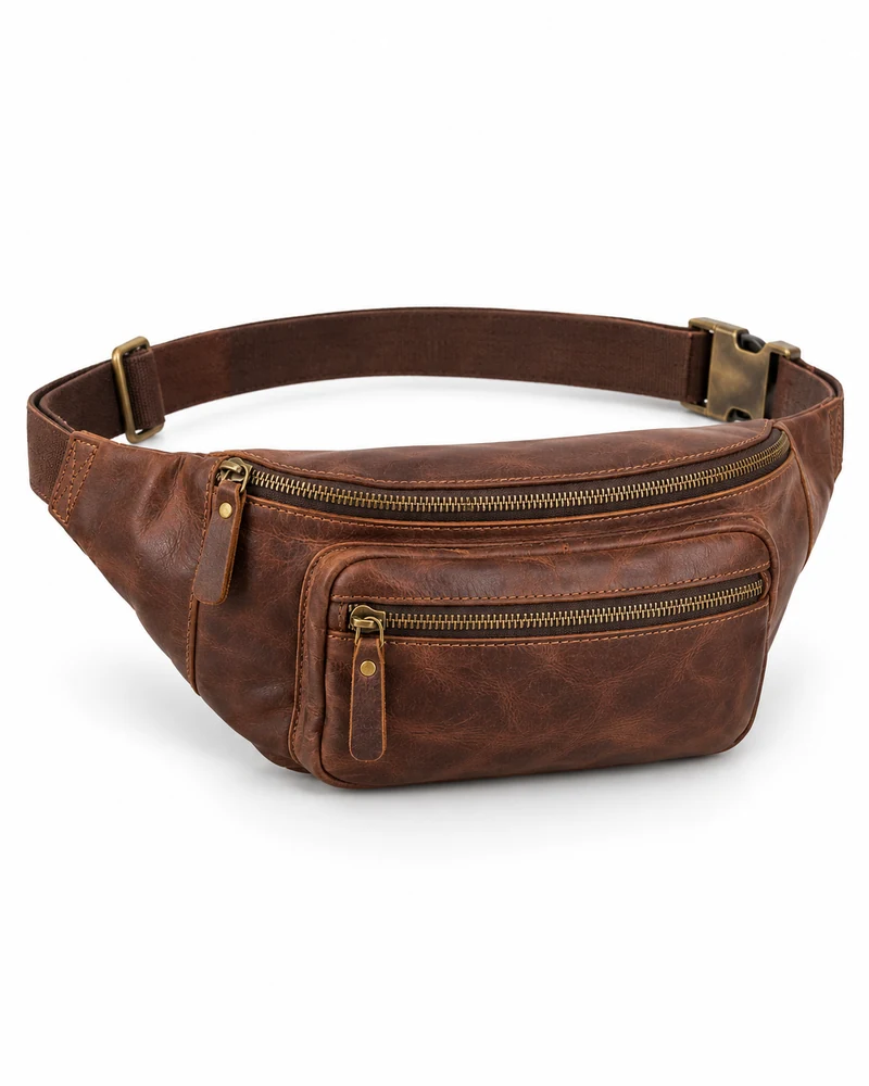 Brown Zip-Pocket Leather Waist Bag