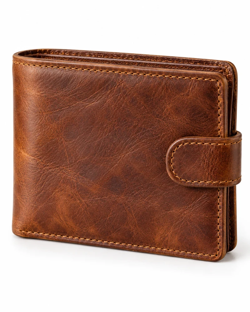 Brown Tab-Fastening Leather Bifold Wallet