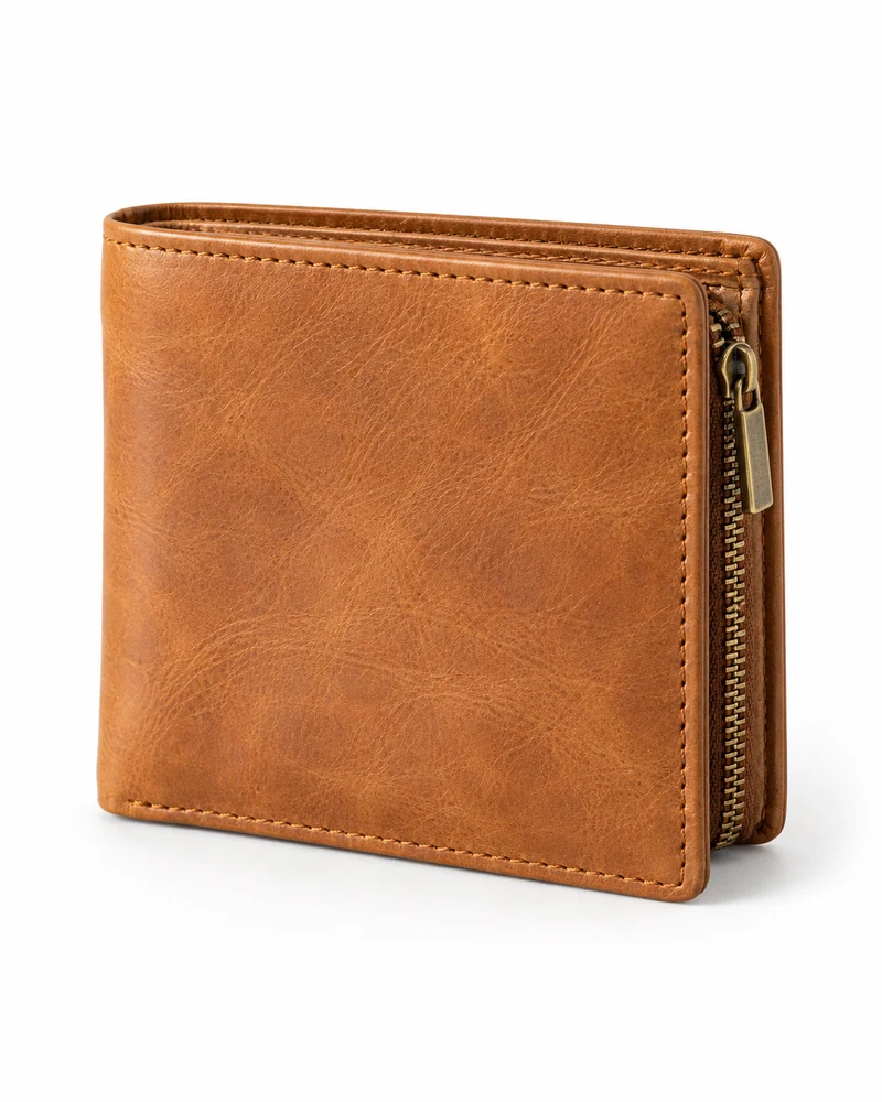 Tan Zip-Pocket Leather Wallet