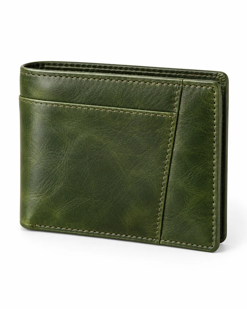 Green Stitched-Panel Leather Bifold Wallet