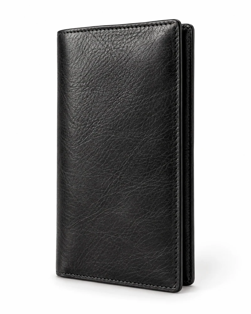 Black Textured Leather Long Wallet