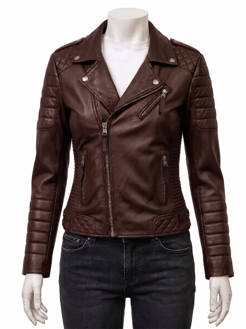 Dark brown quilted motorbike leather jacket with zip front and padded panels