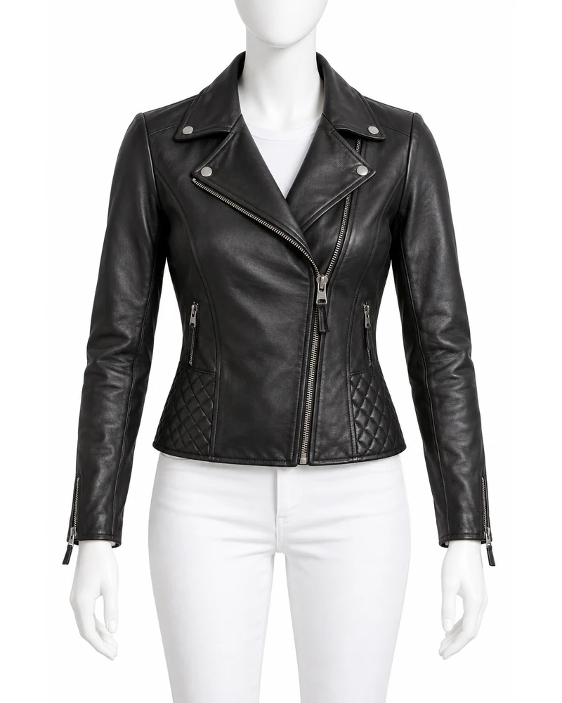 Jet Black Women's Diamond Waist Moto Leather Jacket