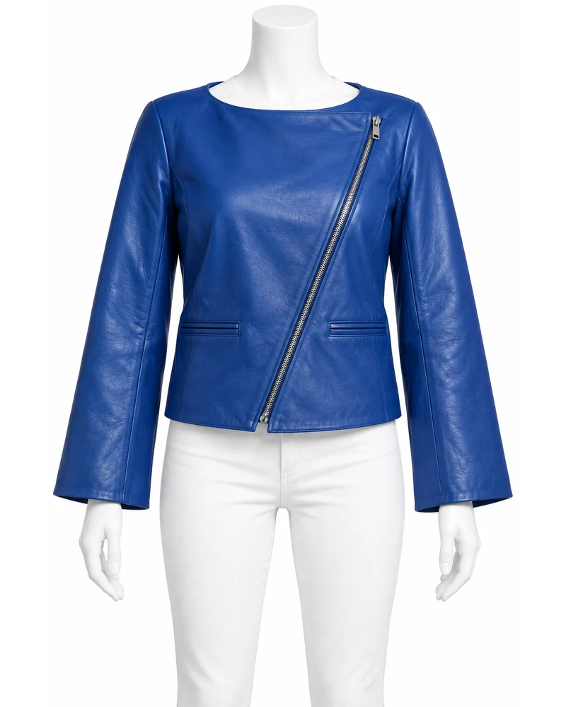 Royal Cobalt Women's Boat Neck Moto Leather Jacket