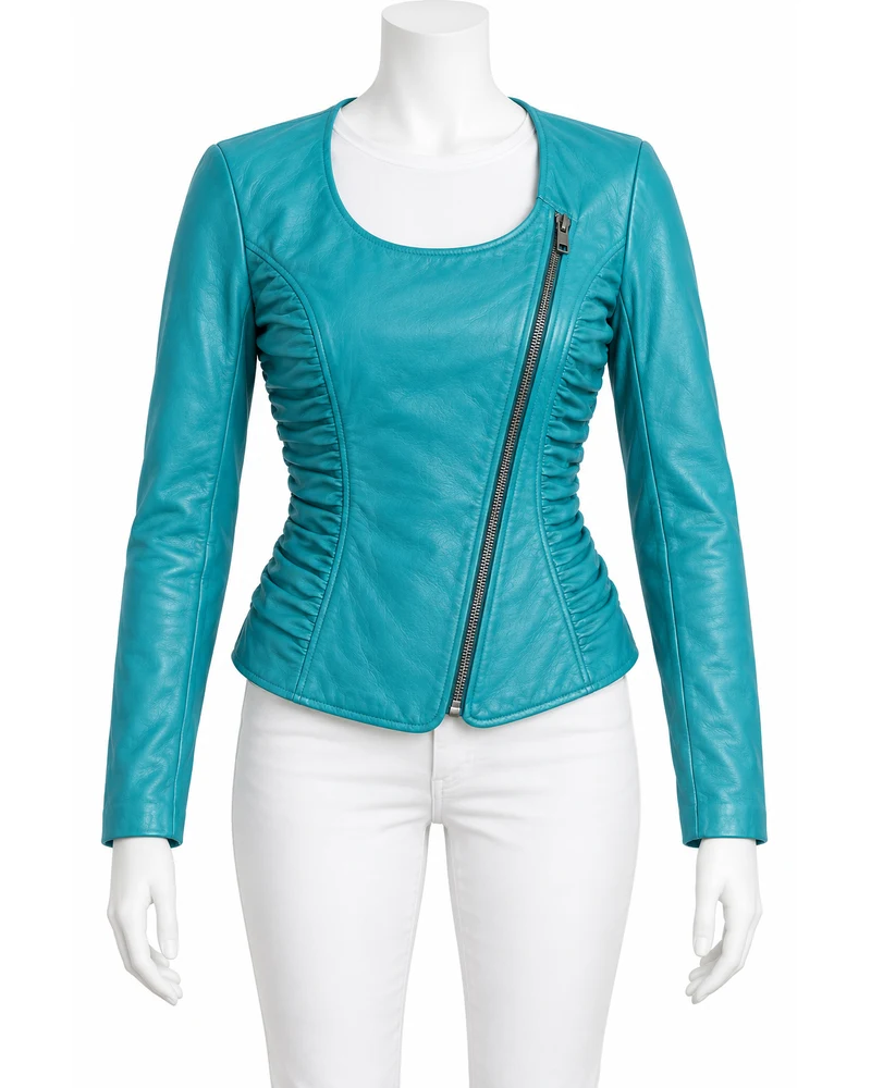 Bright Turquoise Women's Ruched Side Moto Leather Jacket