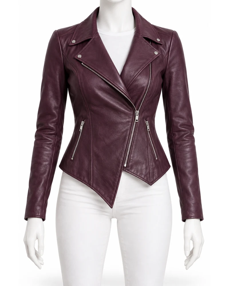 Aubergine Women's Pointed Hem Moto Leather Jacket