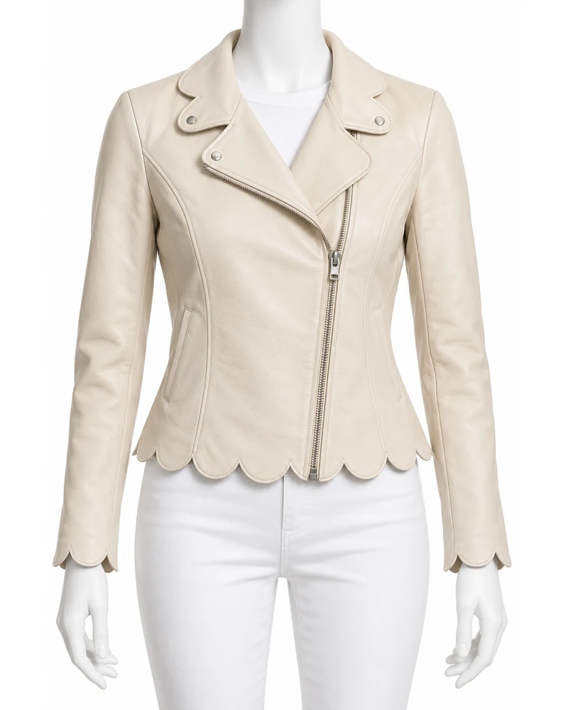 Warm Ivory Women's Scalloped Hem Biker Leather Jacket