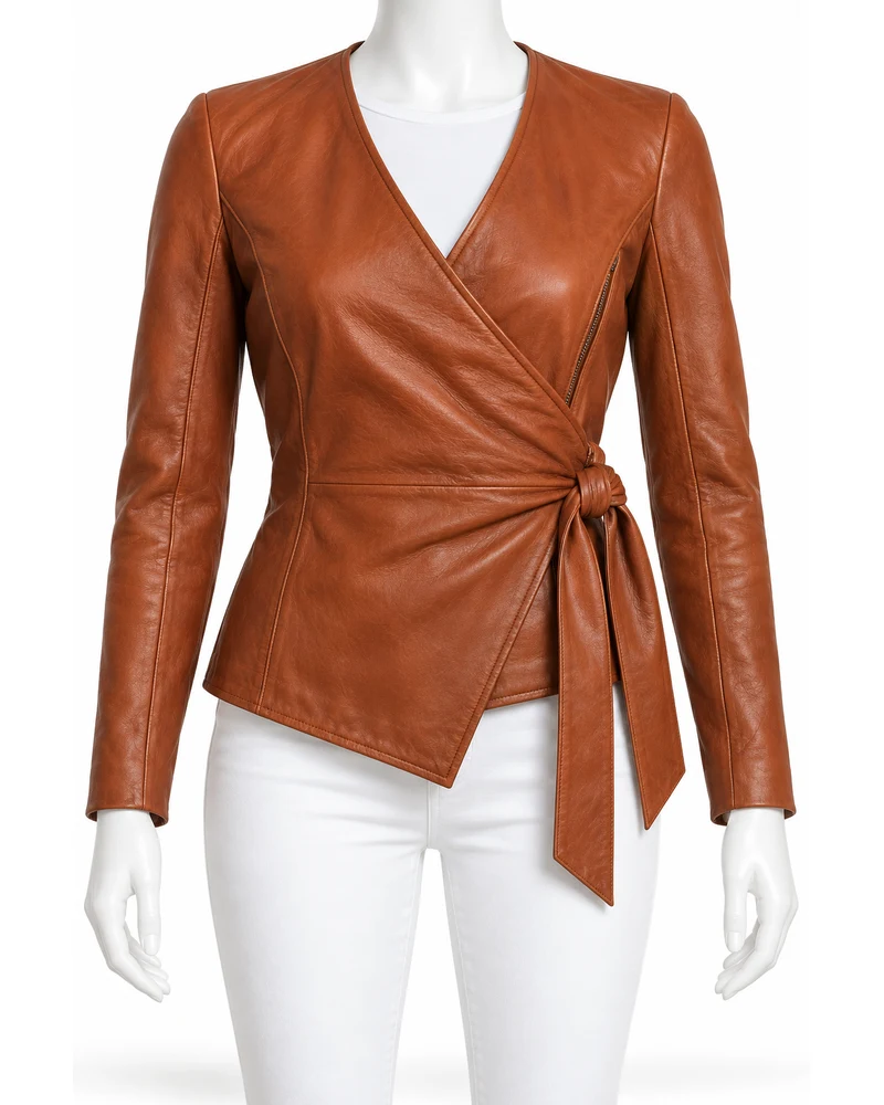 Burnt Sienna Women's Side Tie Wrap Moto Leather Jacket
