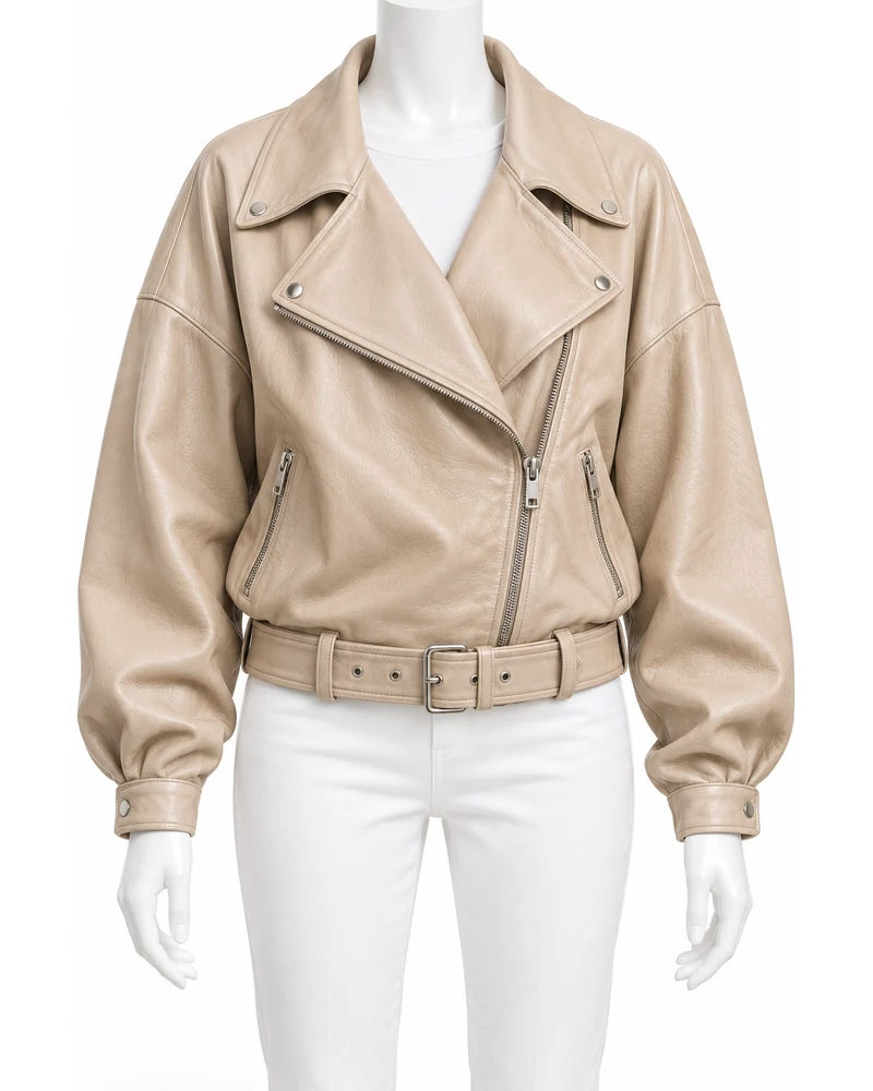 Champagne Women's Slouch Belt Moto Leather Jacket