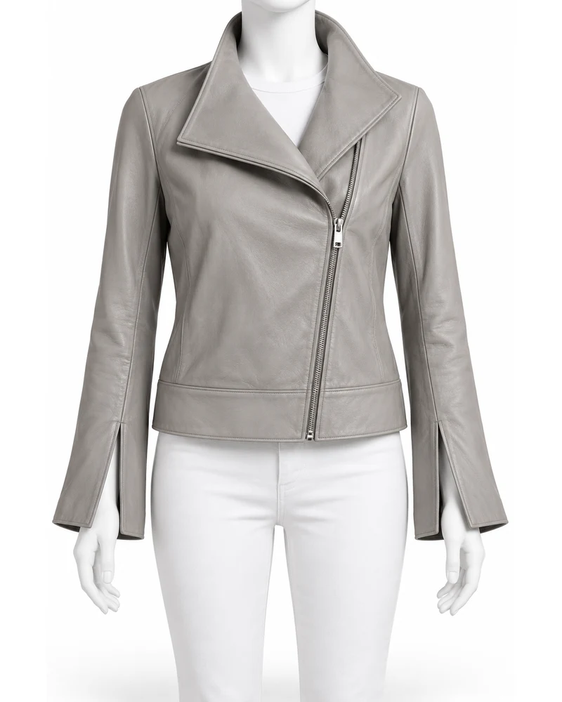 Dove Grey Women's Split Cuff Moto Leather Jacket